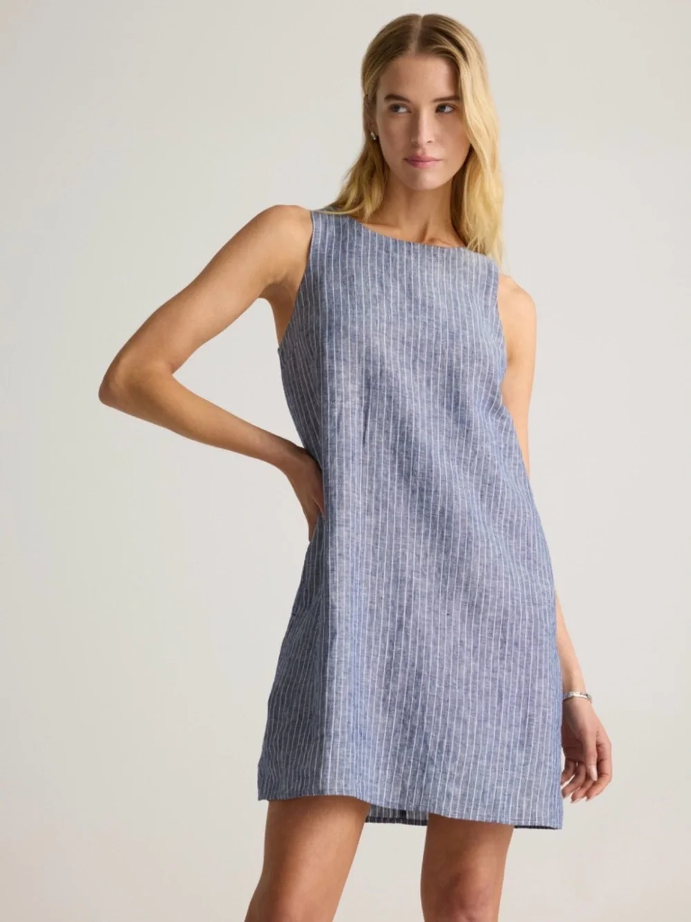 Quince European Linen Tank Blue and White Striped Chambray Mini Dress - Picture 5 of 7